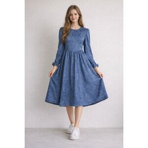 Vintage 80s Petite Lanz Floral Jacquard Midi Dress 10P Blue Cottagecore
